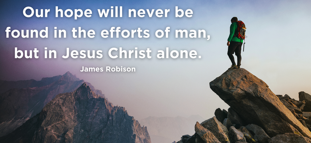 A mountaineer at a summit with a quote about the hope of Jesus.